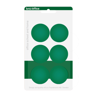 30 mm kontorsmagneter från BNT Scandinavia i förpackning med 6 st gröna magneter