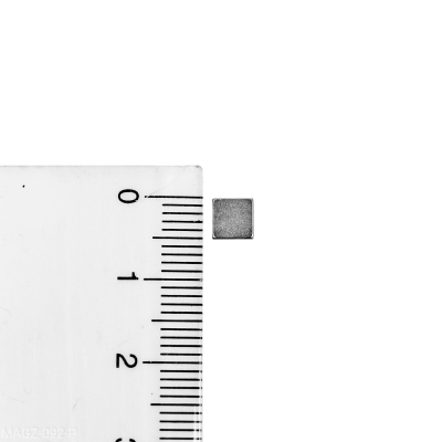 Foto med den lilla 5x5x1 mm magneten tillsammans med en linjal