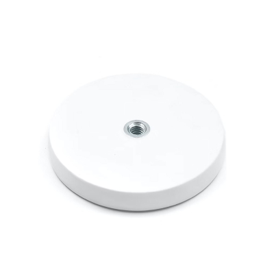Ø66 mm pottmagnet med vit gummiyta och M6 gänga - 2 magneter kan användas mot varandra (platt mot platt)