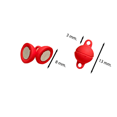 Här visar vi måtten på de röda magnetiska kulorna - de har en diameter på 8 mm och en total längd på 13 mm. Ögonens höjd är 3 mm, och själva hålen är Ø1 mm.